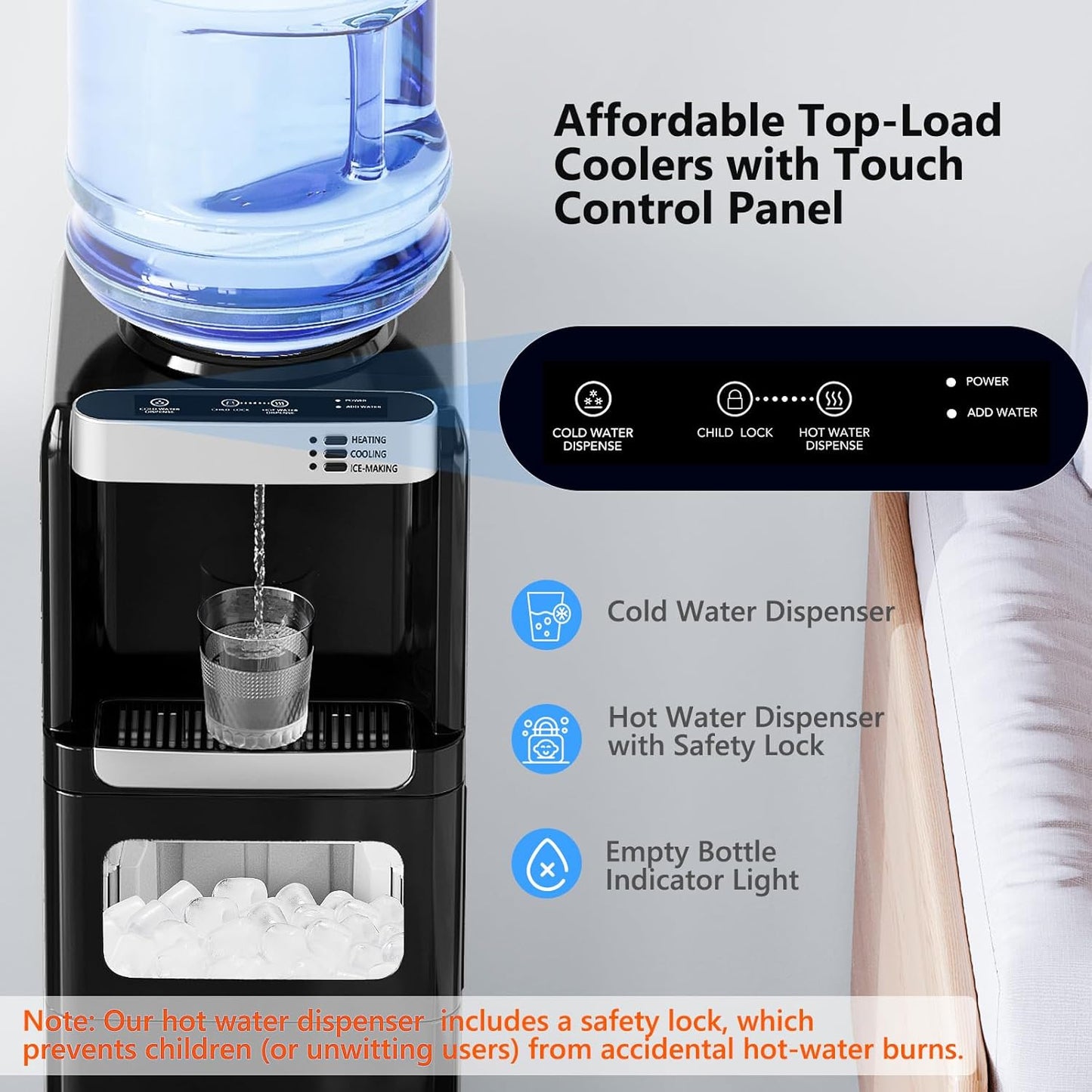 Water Dispenser with Ice Maker Function, Top Loading Hot and Cold Water Cooler for 5 Gallon Bottle - Includes Child Safety Lock - Water Machine for Home, Office, Garage - Black