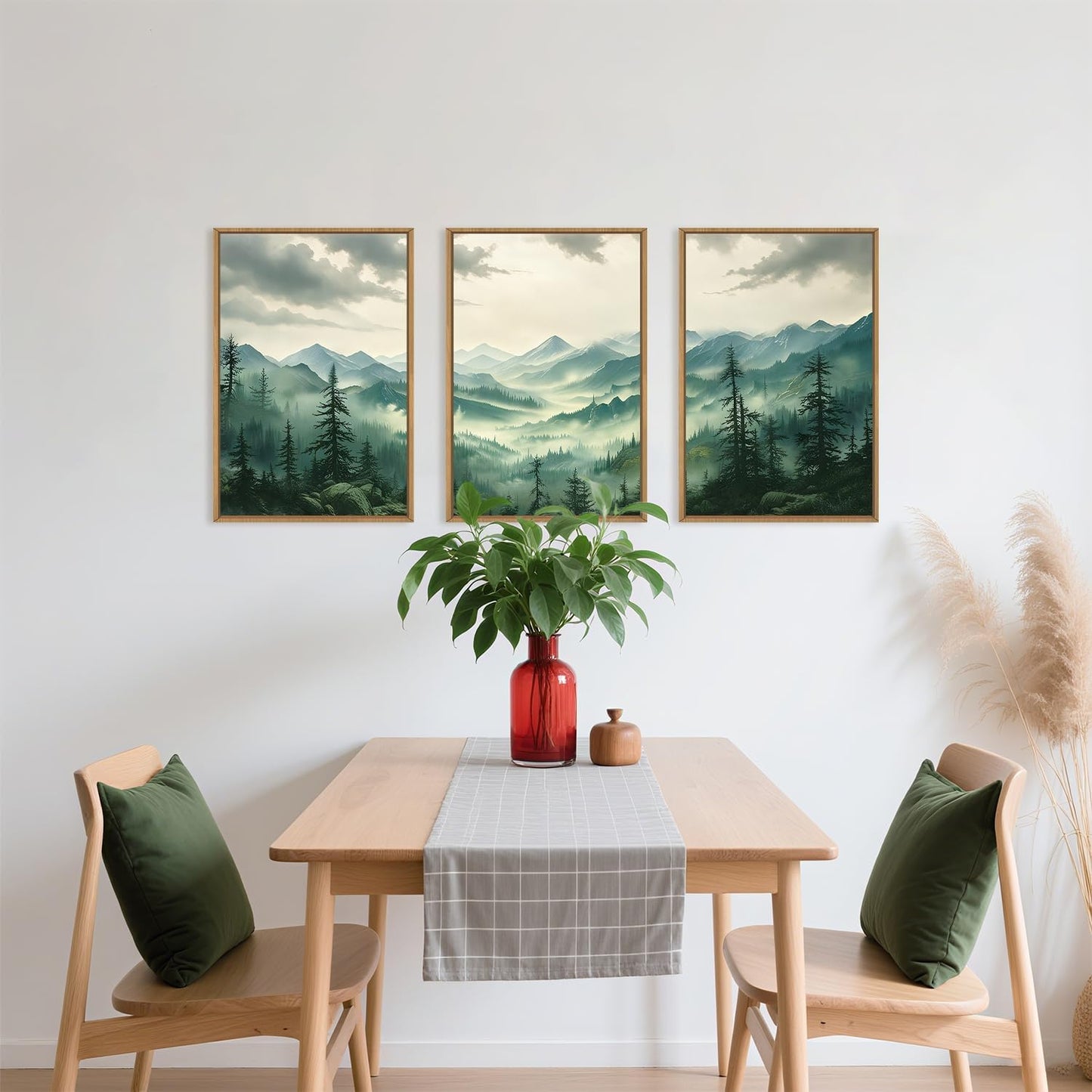 Green Foggy Mountain Framed Canvas Wall Art Set, Misty Forest Wall Decor, Watercolor Pine Tree Wall Painting, Large Nature Landscape Art Print for Living Room, Bedroom, Office - 16"X24"X3