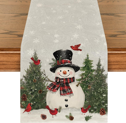 Artoid Mode Snowman Birds Trees Christmas Table Runner, Seasonal Silver Winter Holiday Kitchen Dining Table Decoration for Home Party Decor 13 x 120 Inch