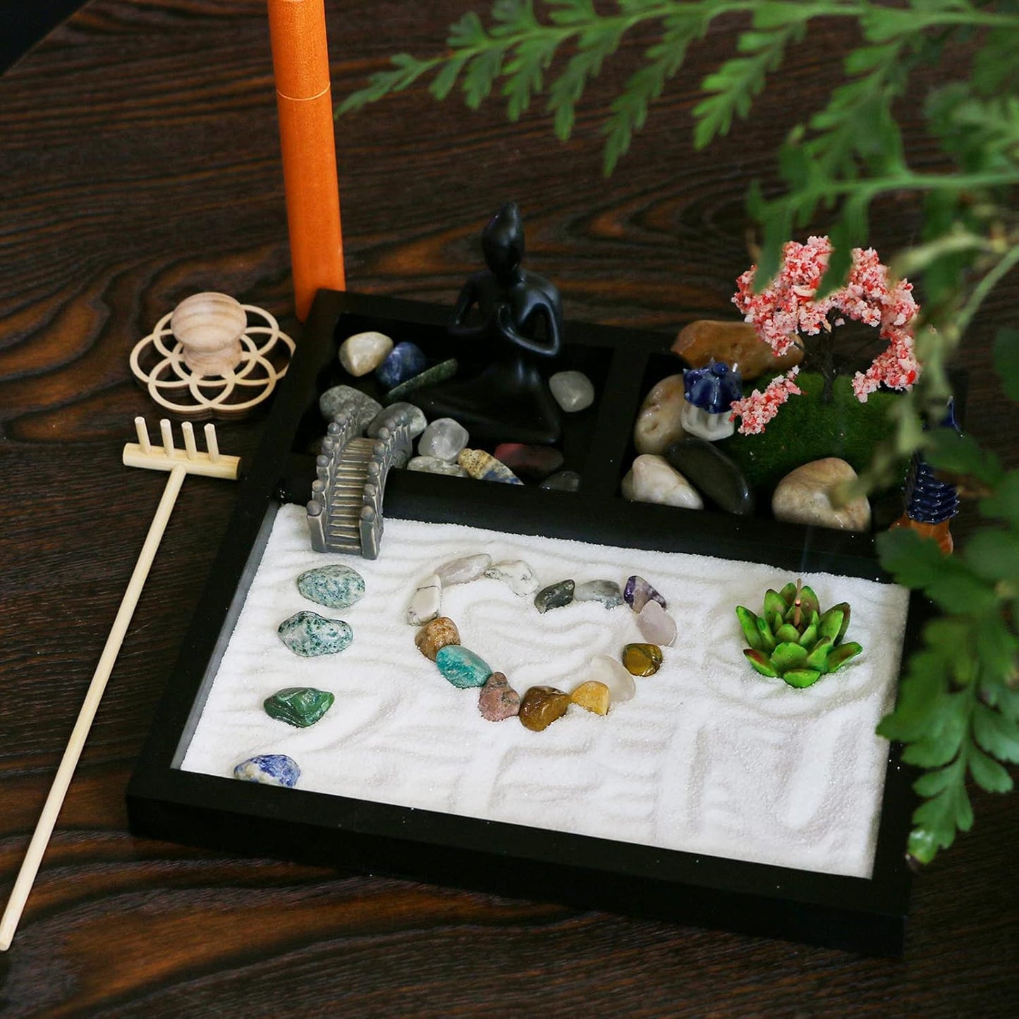 Desktop Meditation Yoga Garden Kit with Japanese Tabletop Rock Sand Chakra Shrine Altar, Home Office Desk Zen Decor, Gifts for Women & Men, Birthday, Includes Rake Tool & Accessories