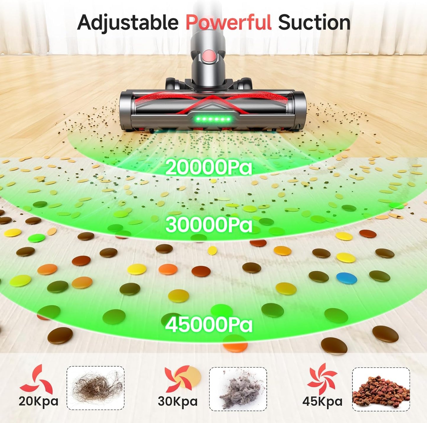 Cordless Vacuum Cleaner, 550W 45KPA Dual Motor Stick Vacuum for Home with 60mins Runtime, 6 LED Green Headlights, Self-Standing Design, V-Shaped Floor Brush for Carpet Tile Pet Hair Hardwood Floors