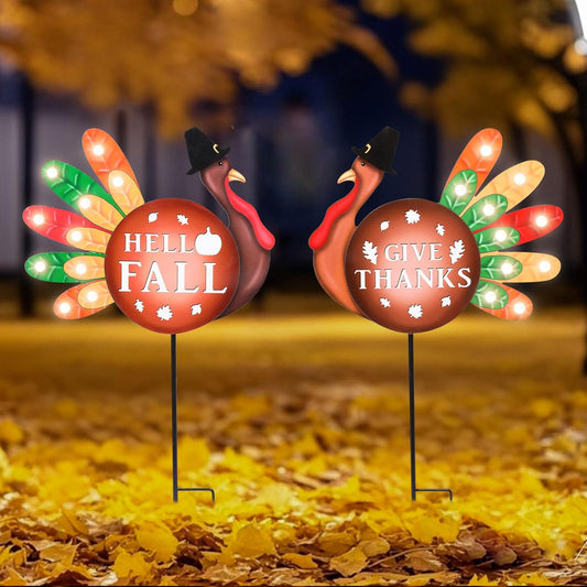2 PCS Happy Fall Yard Signs Metal Thanksgiving Decorative Garden Stakes with Led Light Turkey Give Thanks Yard Stakes Fall Harvest Lawn Garden Lawn Pathway Decor