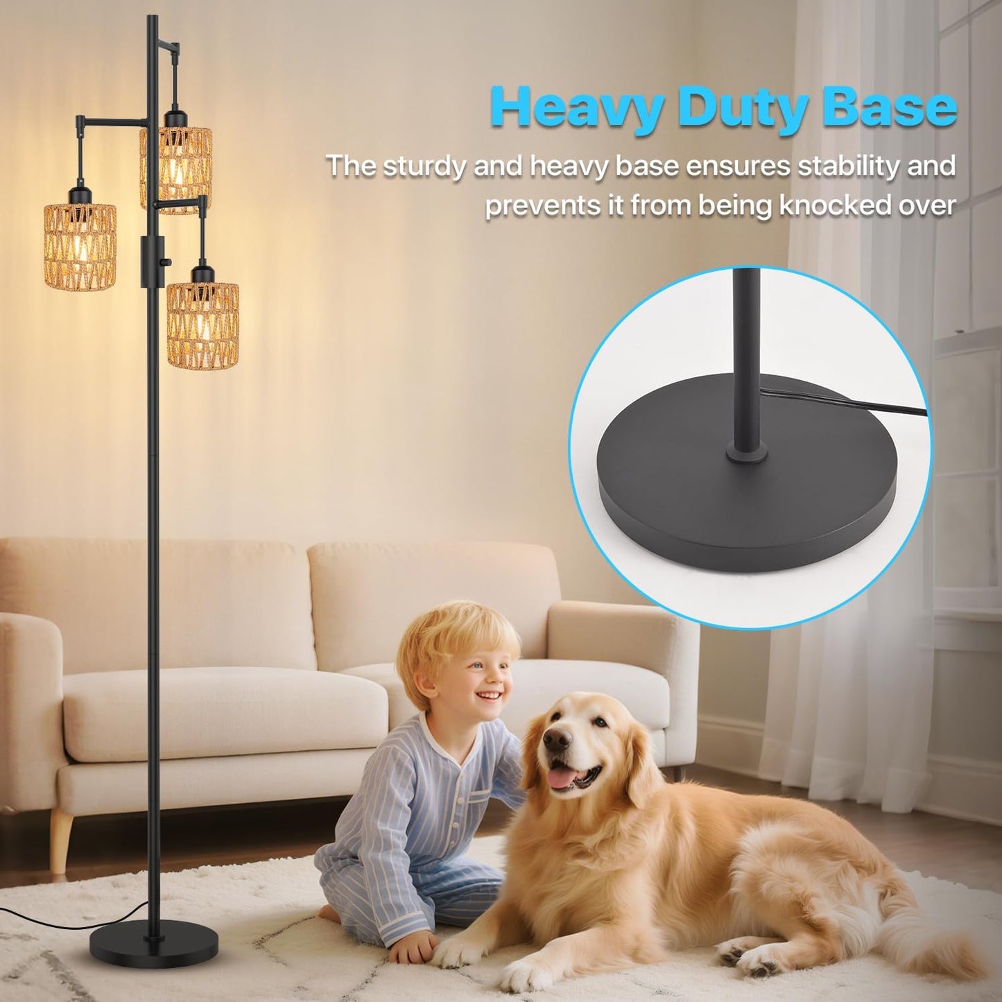 3-Light Boho Floor Lamp for Living Room, Rattan Wicker Standing Lamp Palm Tree Design, Farmhouse Coastal Floor Light with Woven Shade, Tall Bohemian Lamp