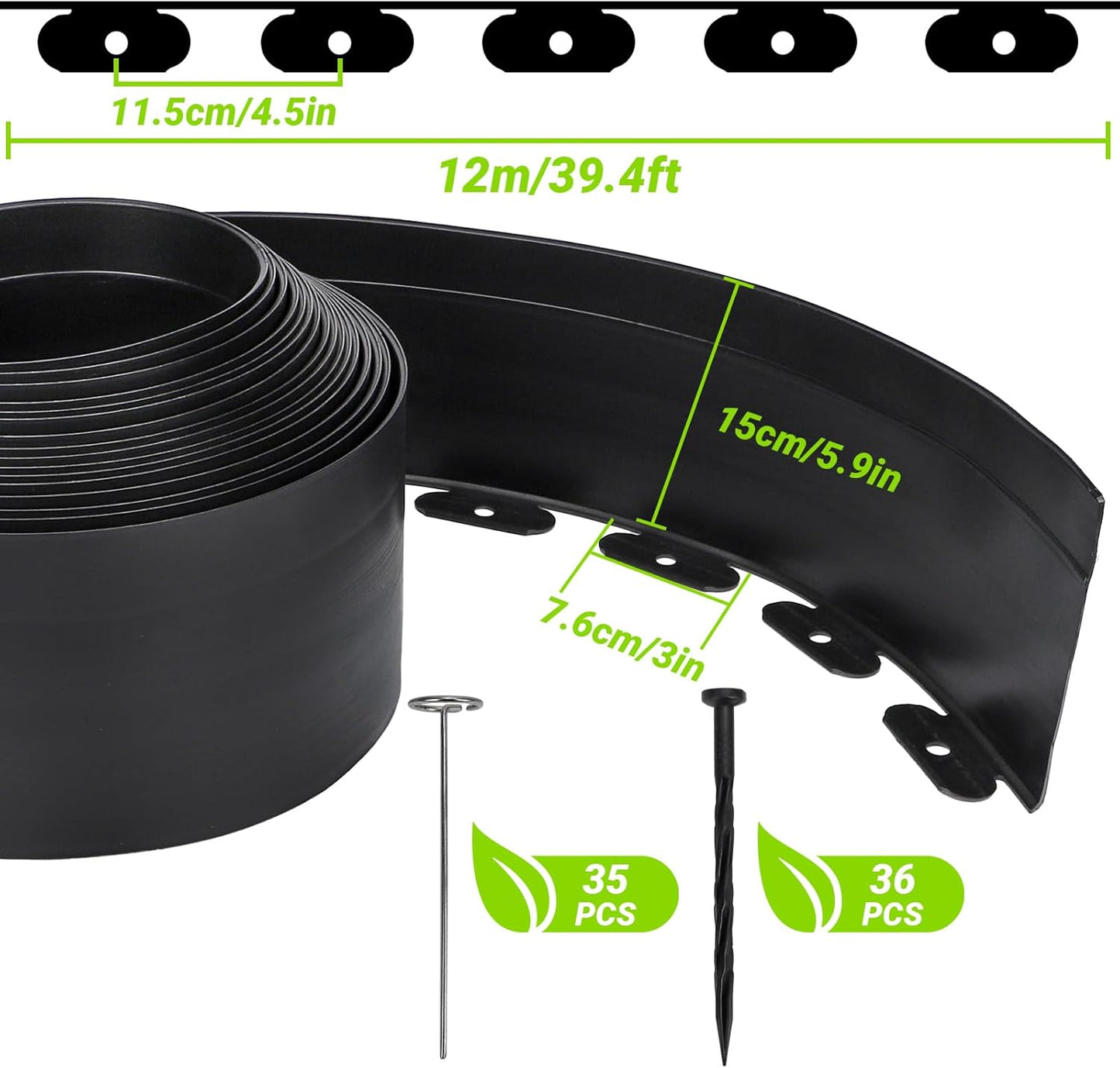 Greaner 6 Inch Tall Landscape Edging Border, 40FT Border Edge for Landscape with 71 PCS Spikes, Plastic Yard Edging for Flower Beds, Paver Pathway, Lawn, Walkway(Black)