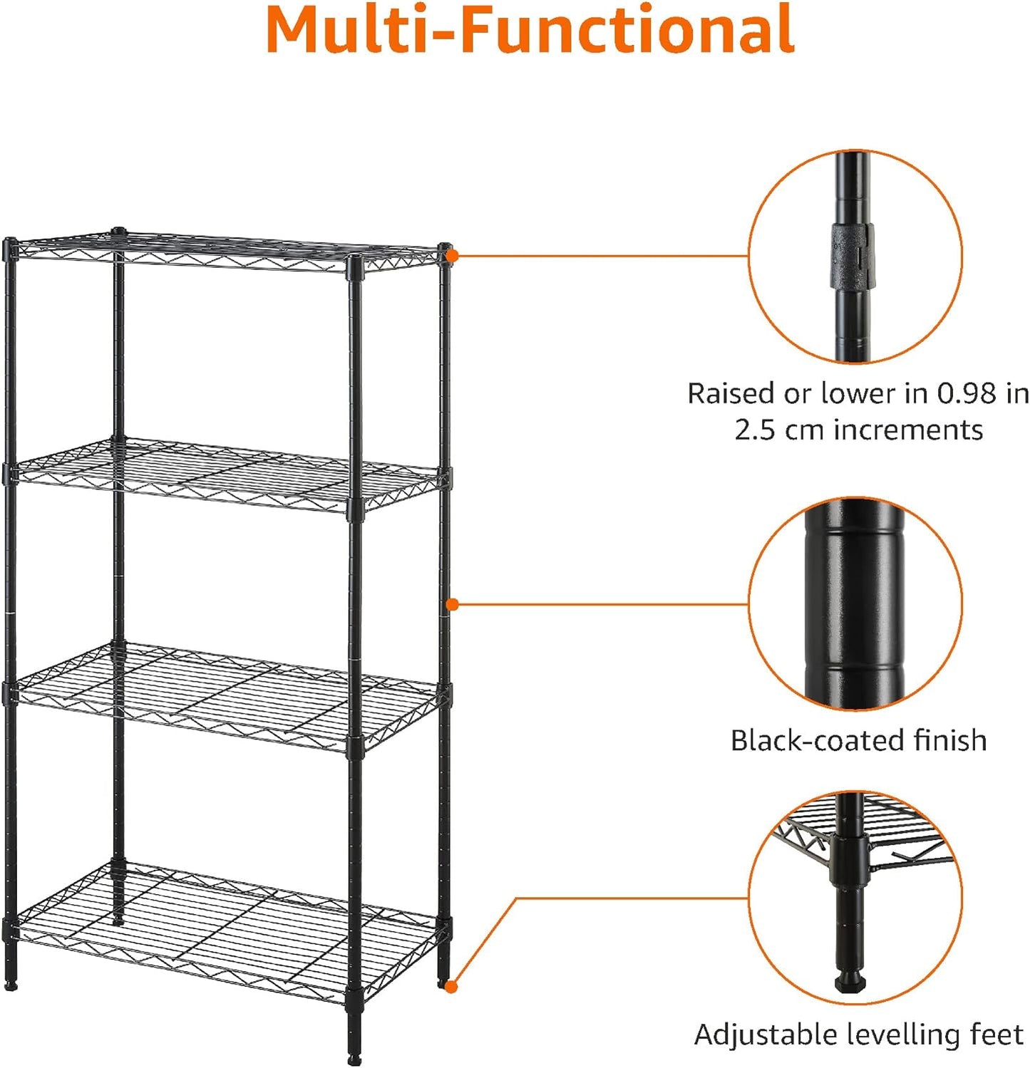 Amazon Basics 4-Shelf Steel Wire Storage Rack, Adjustable, Sturdy, Easy Assembly, 13.4 D x 23.2 W x 48 H in, Black