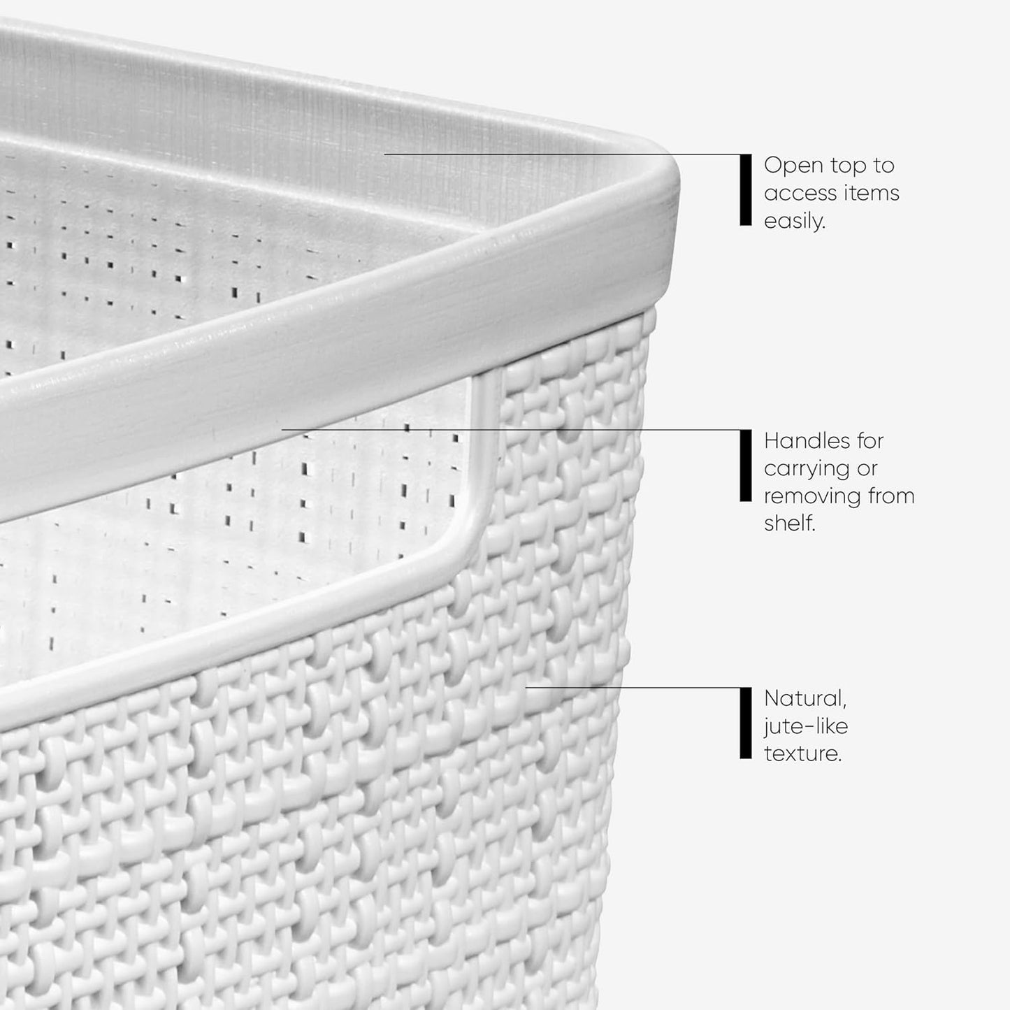 Curver Set of 4 Jute Large Decorative Plastic Organization and Storage Baskets, Perfect Bins for Home Office, Closet Shelves, Kitchen Pantry and All Bedroom Essentials, White