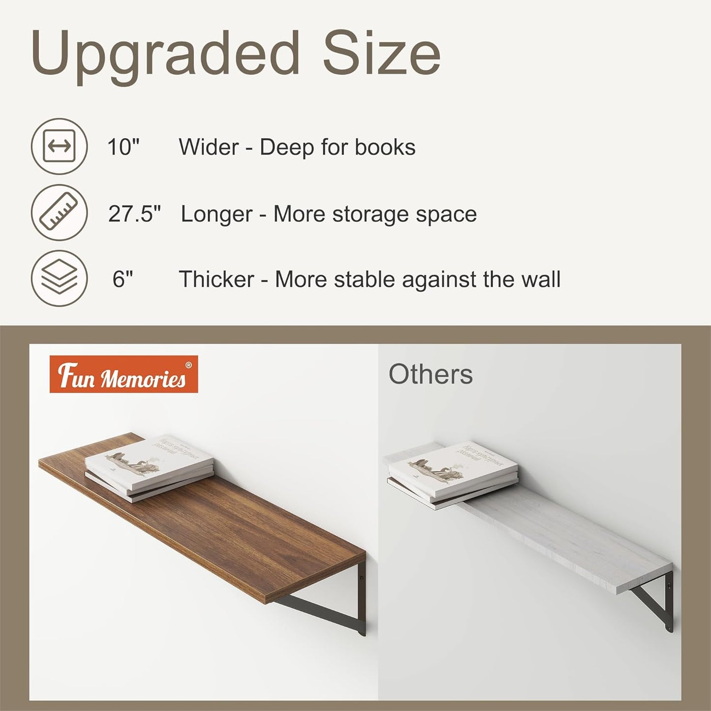 Fun Memories 27.5" W x10 D Floating Shelves, Large Wall Shelves 27.5 Inch Long, Set of 2, Farmhouse Wood Floating Shelf Wall Mounted, Deep Shelves for Bathroom, Living Room, Kitchen, Walnut Color