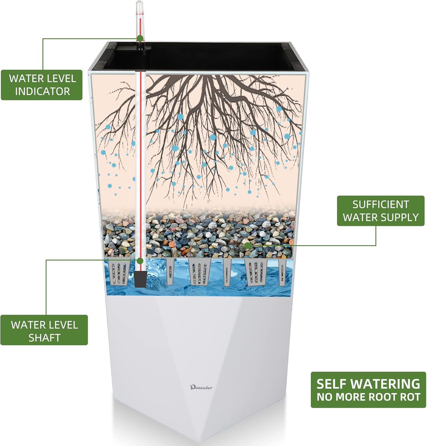 Dexceder 24 Inches Tall Self Watering Planter Diamond High Gloss Indoor Outdoor, Thickened Rhombus Large Floor Standing Flower Plant Pot with Water Level Indicator (White)