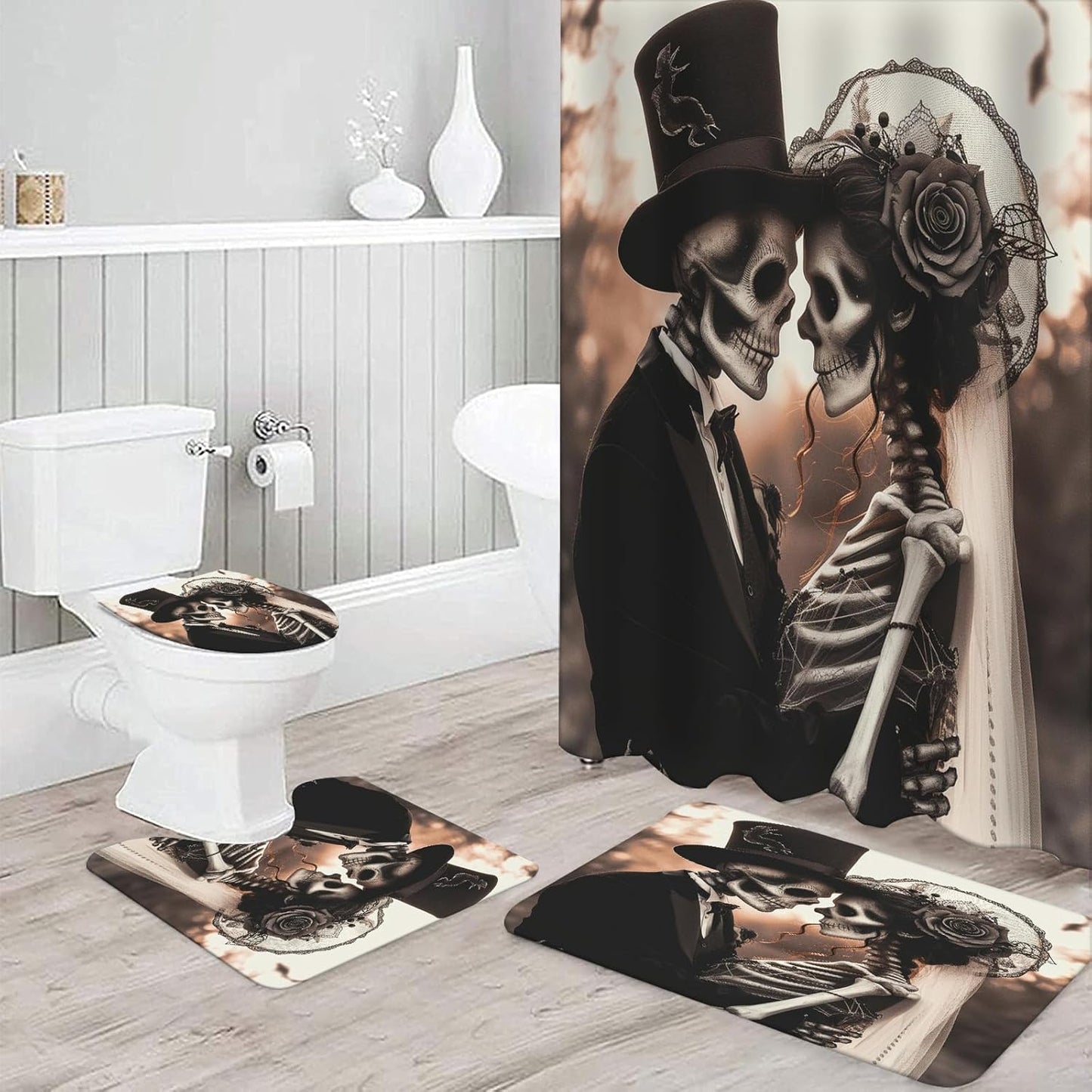 NEWSUYAA Halloween Decorations Shower Curtain Set with Non-Slip Rugs and Bath Mats,Black Skull Skeleton Bathtub Curtains with 12 Hooks,All Saints'Day (Nov 1st) Bathroom Decor