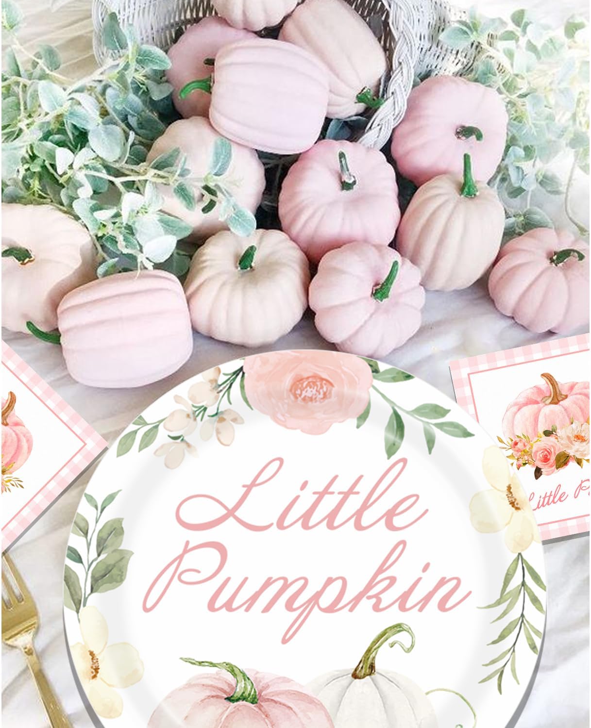 Aukolass Pumpkin Party Supplies Tableware Set - Fall Theme Party Decorations Including Plates, Napkins and Cups for Pumpkin Birthday and Baby Shower Party, Serves 24 Guests (pink)