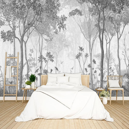 Grey Forest Wallpaper Woodland Peel and Stick Wall Mural for Bedroom Living Room - 96"x137"