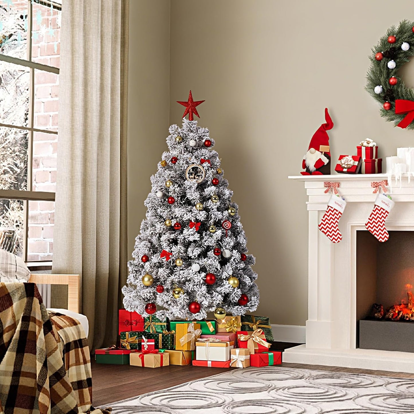 GarveeHome 4.5ft Prelit Artificial Christmas Tree with Warm White Lights, Snow Flocked Full Xmas Tree with 318 Branch Tips, 100 LED Lights & Foldable Stand, Green & White Christmas Decorations