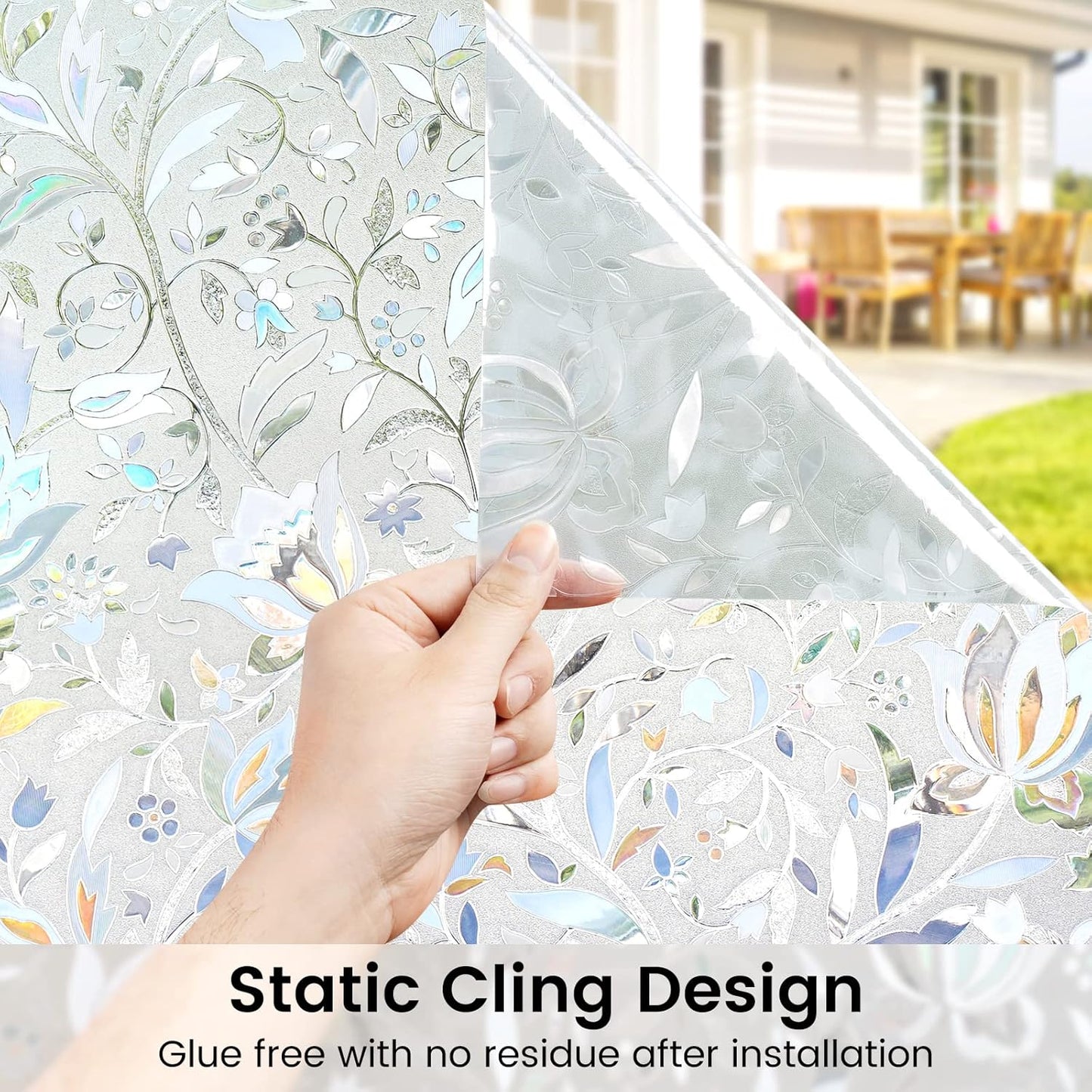 DOWELL Window Privacy Film, 3D Stained Glass Rainbow Films, Decorative Window Vinyl Sun Blocker Door Covering, Static Cling Non-Adhesive Glass Sticker for Home, Blooming Flowers, 35.4"x118"