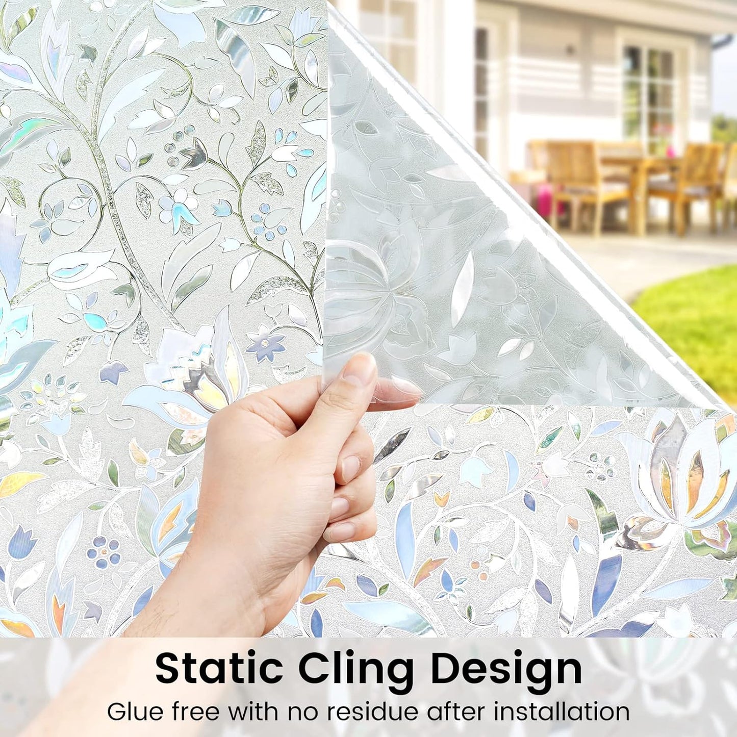 DOWELL Window Privacy Film, 3D Stained Glass Rainbow Films, Decorative Window Vinyl Sun Blocker Door Covering, Static Cling Non-Adhesive Glass Sticker for Home, Blooming Flowers, 23.6"x157.4"