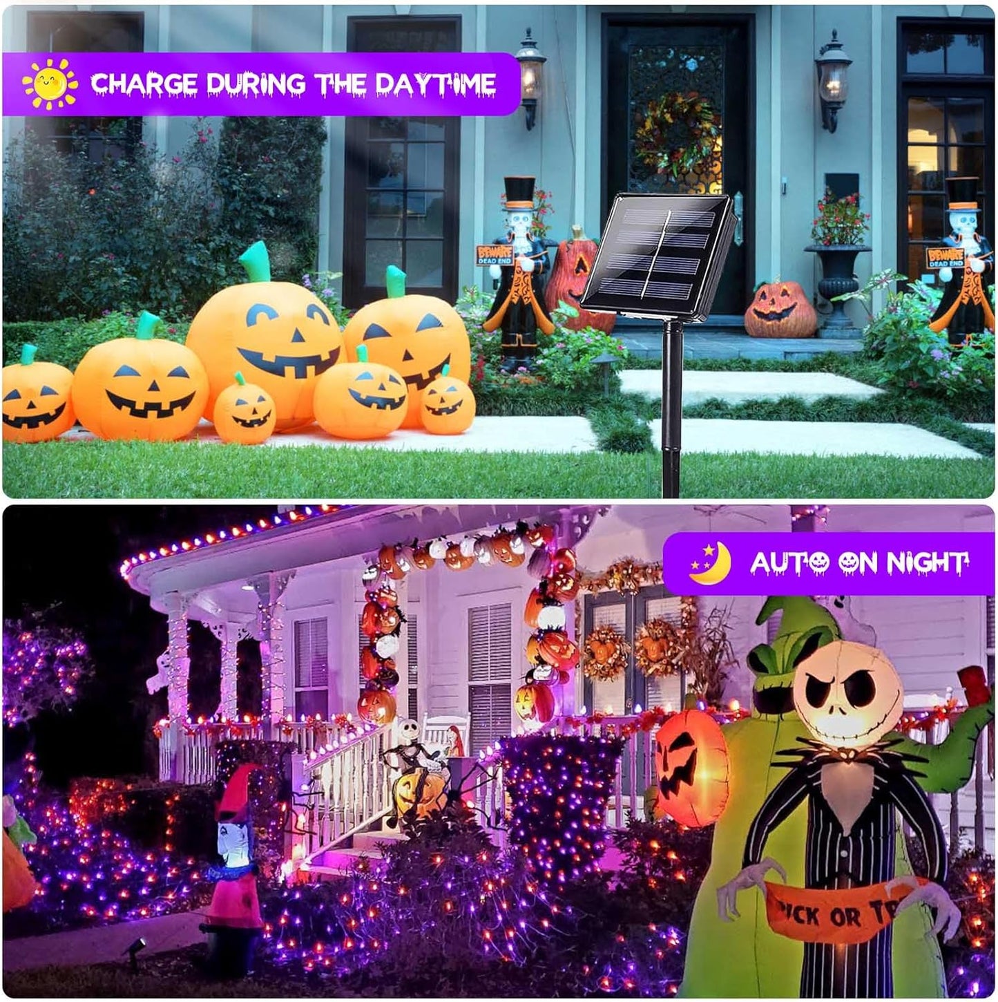 2 Pack 200 LED Solar Halloween Lights Outdoor Waterproof, Solar String Lights for Outside, Solar Tree Light with 8 Lighting Modes for Xmas Party Garden Yard Halloween Decorations (Orange and Purple)
