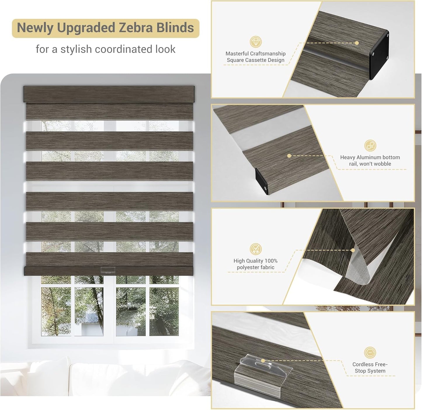 Cordless Zebra Blinds for Windows, Blackout Interior Blinds,Easy to Install,UV Protection,for Offices and Home,Custom Roller Shades, Mousse Dark Bown,44" W x 48" H