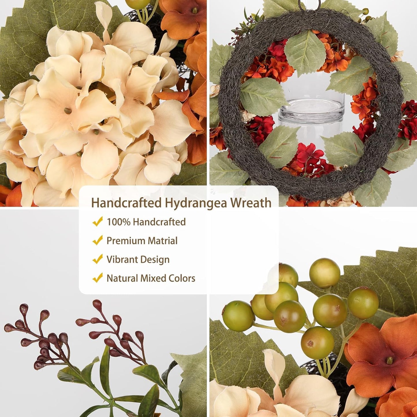 Fall Wreaths for Front Door, 20 inch Autumn Wreath with Hydrangeas Berries Fall Door Wreath Artificial Hydrangea Flowers Wreaths Autumn Decorations for Farmhouse Thanksgiving Harvest Door Wall Outside