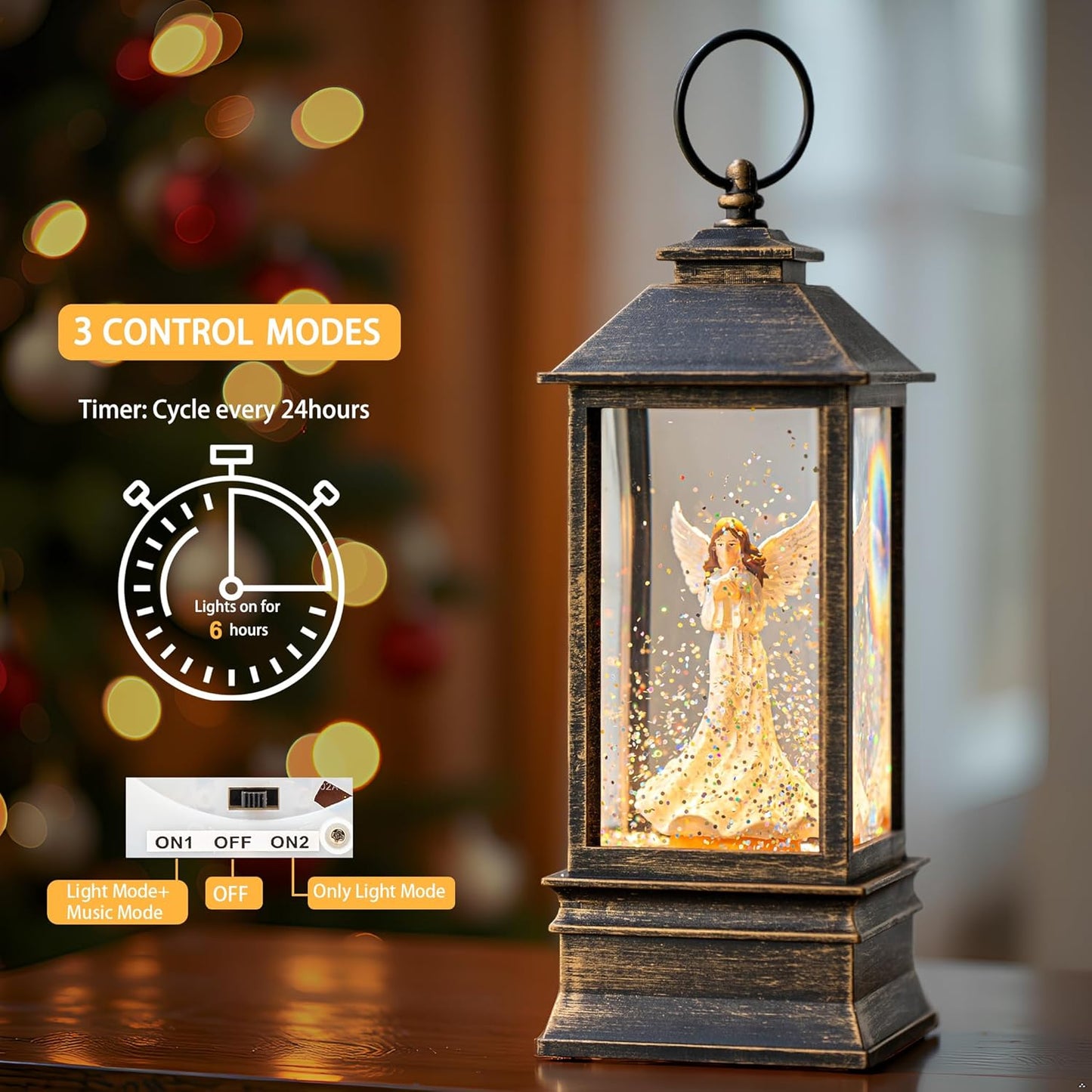 10'' Musical Snow Globe Lantern Lighted Angel with Dove Water Lantern Swirling Glittering Home Decoration and Gift, Battery Operated or USB Powered