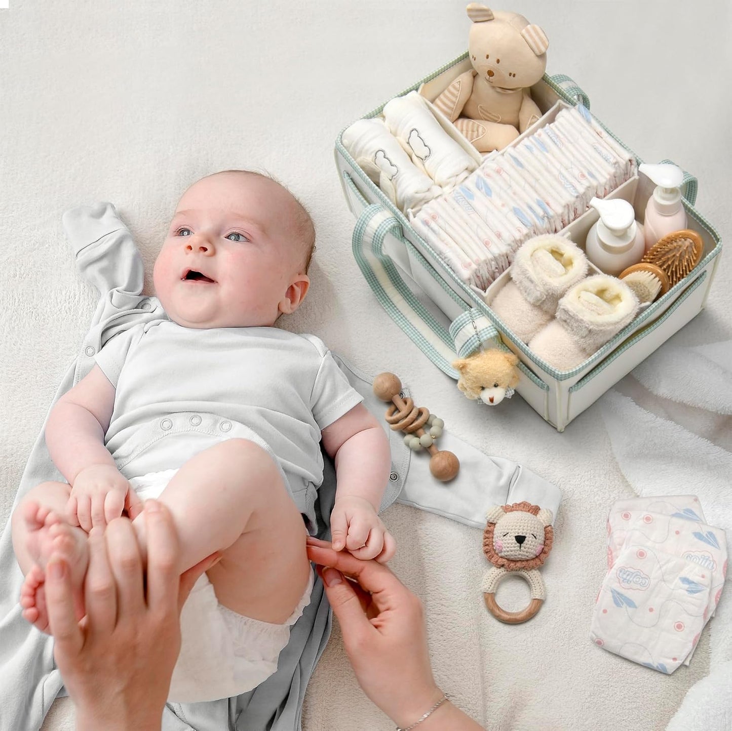 PeraBella XL Diaper Caddy Organizer With Handle, Baby Shower Gifts Basket Bag, Registry Search Must Haves Items, Newborn Girl Boy Nursery Storage Organizer, Baby Bag Essentials, Car Diaper Caddy Cart