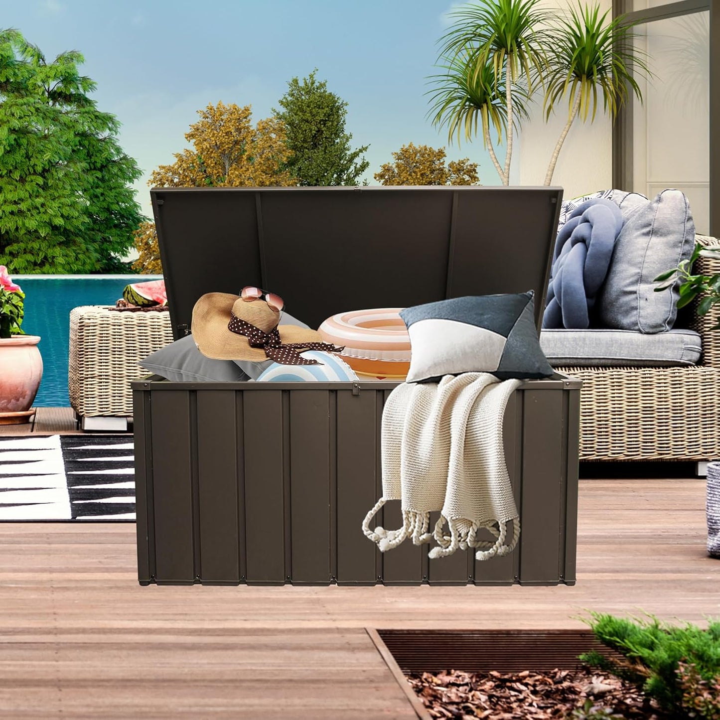 Domi 160 Gallon Deck Box, Outdoor Metal Lockable Storage Cabinet, Waterproof Steel Outdoor Bench with Lockable Lid, Side Handles & Rolling Casters for Outside Cushions, Pillows, Garden Tools, Brown