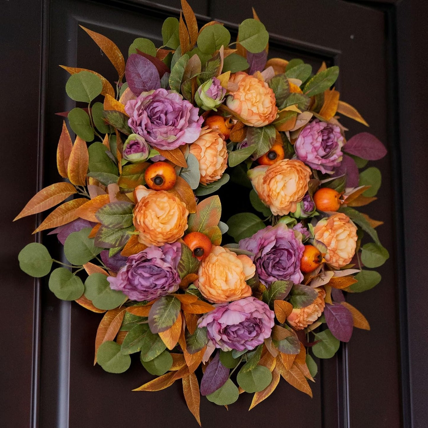 24 Inch Fall Wreath for Front Door - Autumn Wreath with Peony, Maple Leaves, Berries - Farmhouse Thanksgiving Halloween Decor for Porch, Front Door, Indoors & Outdoors - Rustic Harvest Home Decor