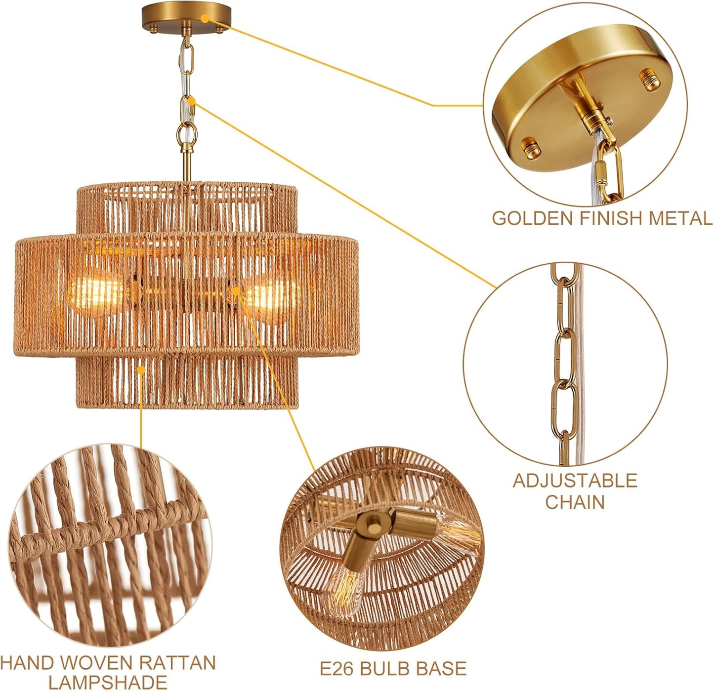 17.7" Boho Rattan Chandelier Light Fixture 4-Light Hand-Woven Bamboo Vintage Farmhouse Chandelier Drum Wicker Golden Chandeliers for Dining Room, Kitchen Island, Bedroom, Foyer