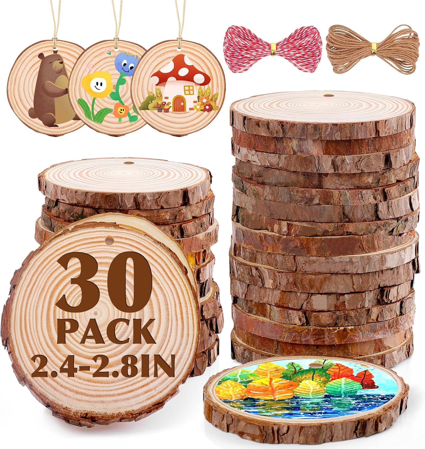 30 Pack Wood Slices for Crafts,2.4-2.8In Unfinished Natural Wood Rounds with Tree Bark.Wood Circles Predrilled with Hole and 20m Rope for Centerpiece Table Decorations,Christmas Ornaments,DIY Gifts