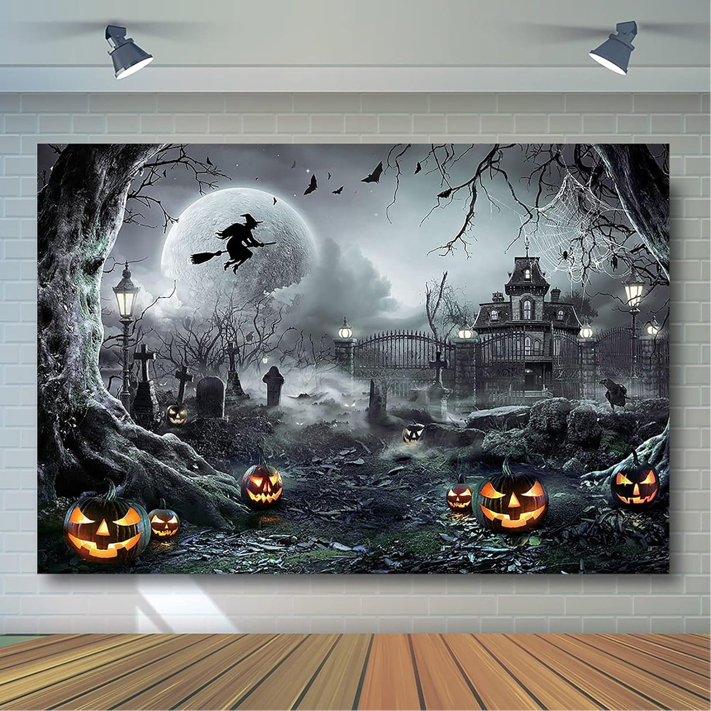 Avezano Halloween Photography Backdrop Full Moon Scary Night Castle Pumpkins Party Background Spooky Witch Bats Cemetery Child Kids Halloween Party Decorations Photoshoot Backdrops (8x6ft, Gray)