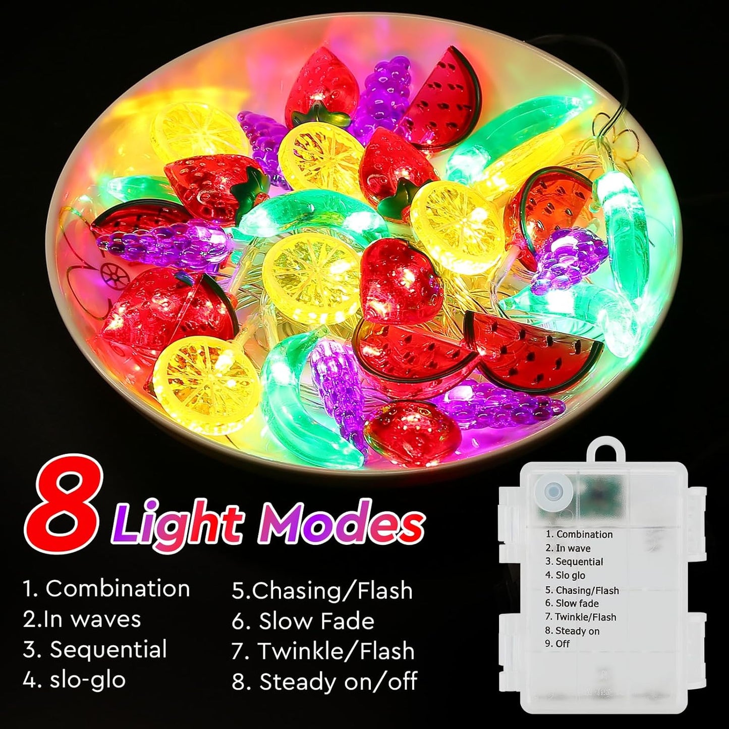 Couah [ 8 Modes & Timer ] 30 LED 16 Ft Summer Tropical String Lights Strawberry Grape Watermelon Lemon Banana Fairy Lights Battery Operated for Tropical Party Pool Beach Summer Decorations