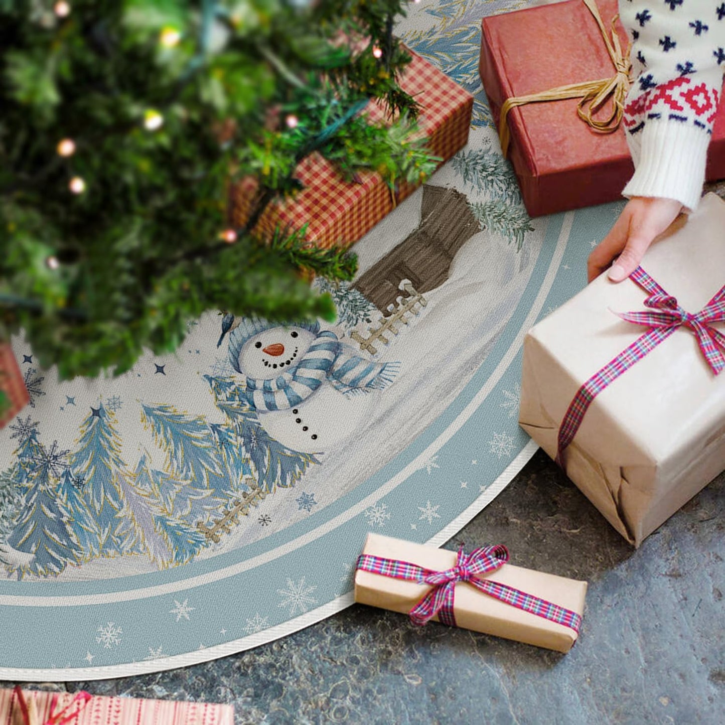 AVOIN colorlife Snowflake Snowman Cardinal Christmas Tree Skirt 36 Inch, Winter Holiday Tree Mat Decoration