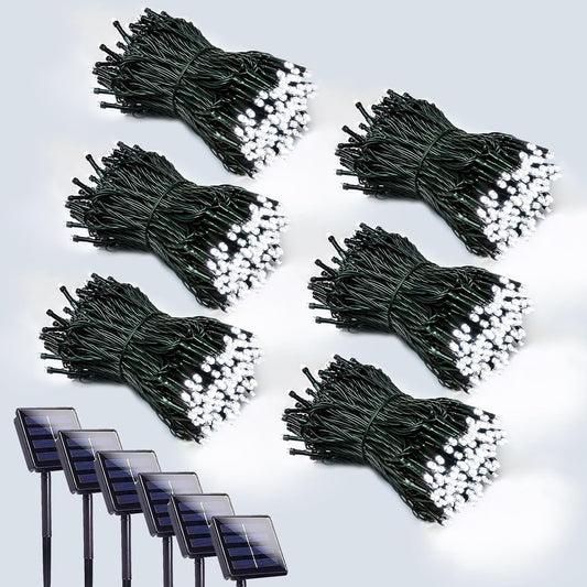 6 Pack 600 LED Solar String Lights for Outside, Solar Christmas Lights Outdoor with 8 Lighting Modes, Waterproof Green Wire Solar Powered Tree Light for Xmas Party Yard Garden Decorations (Cool White)