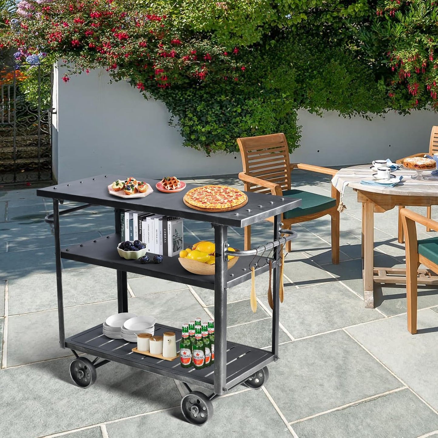 Diwhy Industrial 3 Tier Rolling Utility Storage Cart Wine Beverage, Metal Wine Rack with Wheels Kitchen Bar Dining Room Tea Wine, Serving Cart