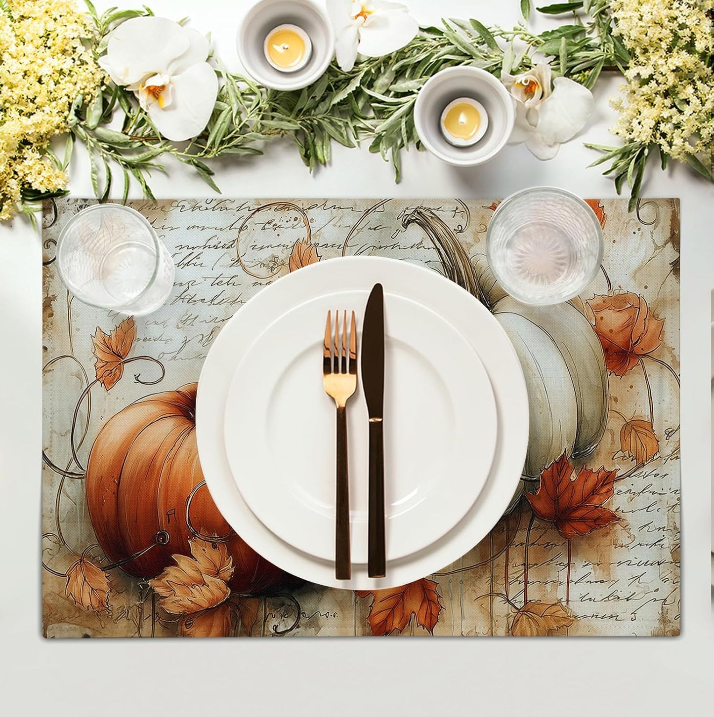 Fall Vintage Pumpkin Leaves Placemats Set of 4 Autumn Thanksgiving Harvest Linen Dinner Place Mats 12x18 Burnt Orange and White Rustic Farmhouse Decorative Kitchen Table Mats
