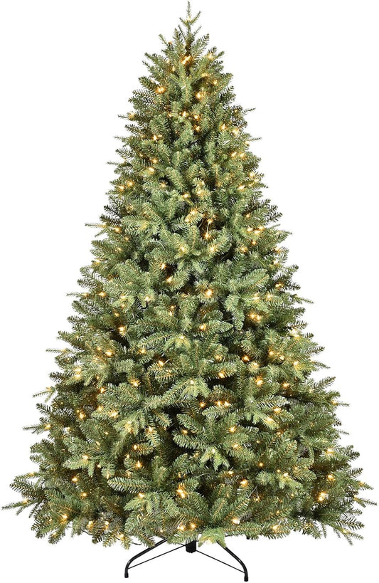 8FT Pre-Lit Artificial Christmas Tree with 2748 PE&PVC Mixed Branch Tips, 600 Warm White Lights, Hinged Premium Spruce Fake Xmas Trees, Green, Foldable Base