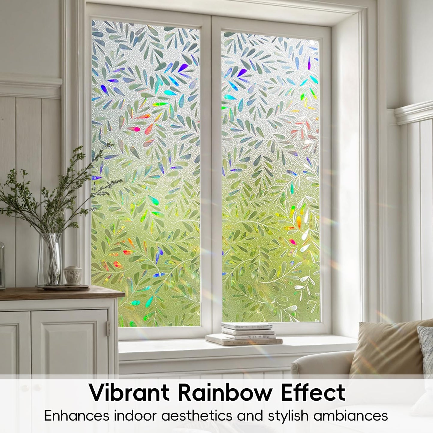 DUOFIRE Window Privacy Film Rainbow Window Film Decorative Leaves Pattern Window Cling Frosted Reusable Anti-UV Non-Adhesive Static Cling Privacy Film for Home Office 11.8 × 47.2 inches