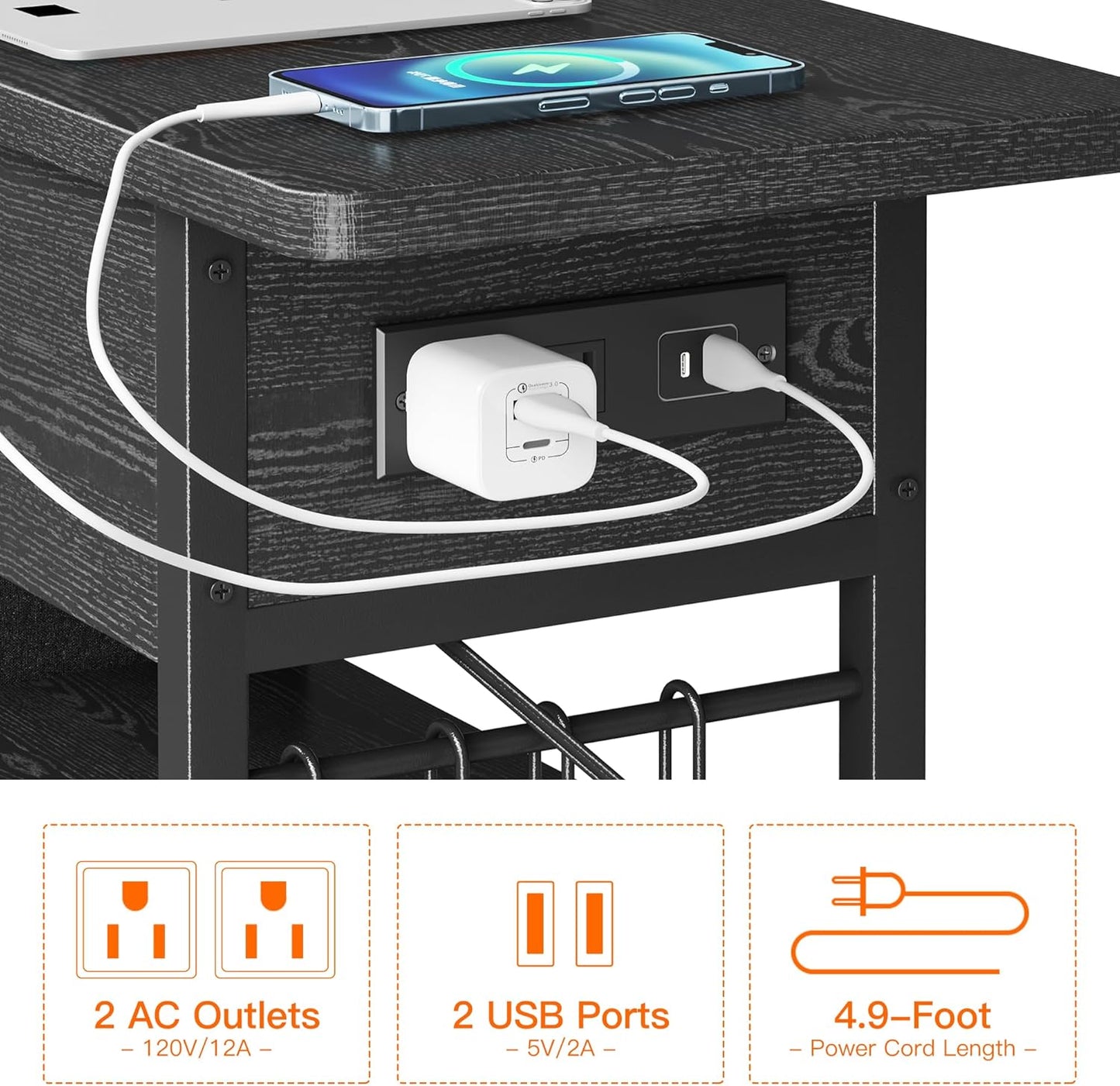 End Table with Charging Station, Flip Top Nightstand with USB Ports and Outlets,Couch Side Table with Fabric Bag and Hooks, Bedside Table for Space Saving, Living Room, Bedroom (Black)