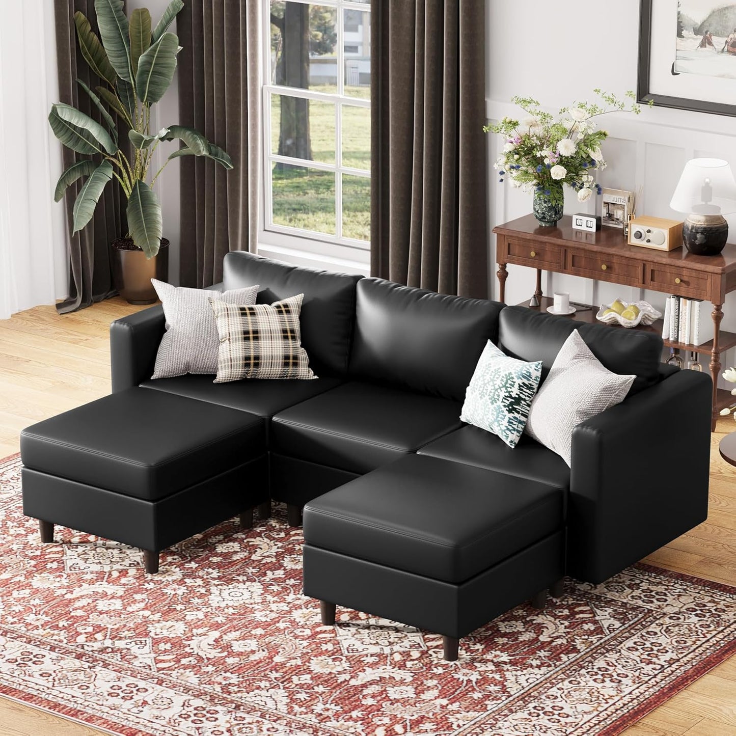 91.5" Faux Leather U Shaped Modular Sectional Sofa, 5 Seater Couch with Movable Ottoman Deep Seat and Storage Seat with Removable Cover for Living Room, Apartment - Black