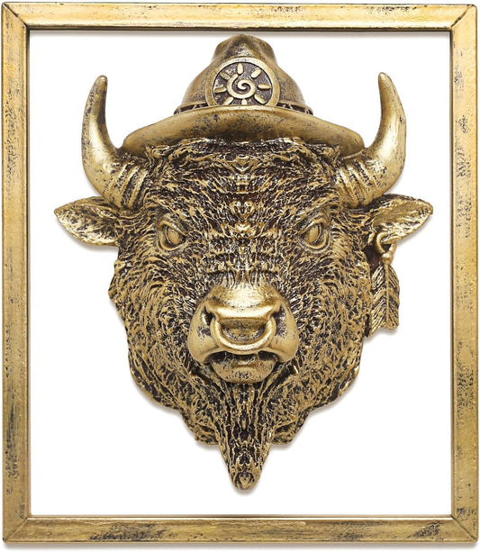 Animal Heads Wall Decor (Includes Metal Frame) Resin Animals Sculptures Head Wall Hanging Decoration Gold vintage Wall Sculpture for Living Room Bedroom Office (American Bison)