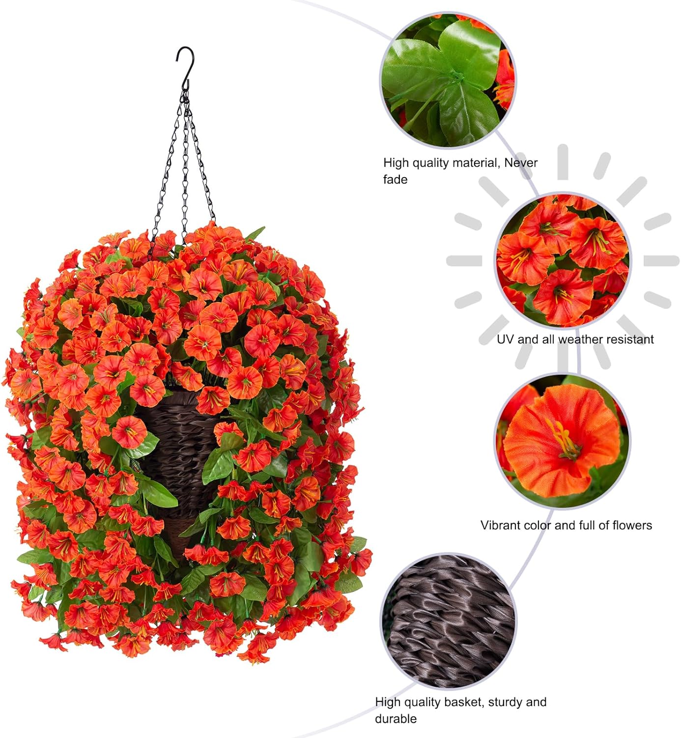 Artificial Fake Hanging Flowers Plants Baskets for Outdoor Fall Decoration, Faux Silk Orange Morning Glory in Planter UV Resistant Look Real for Home Porch Patio Balcony Yard Decor