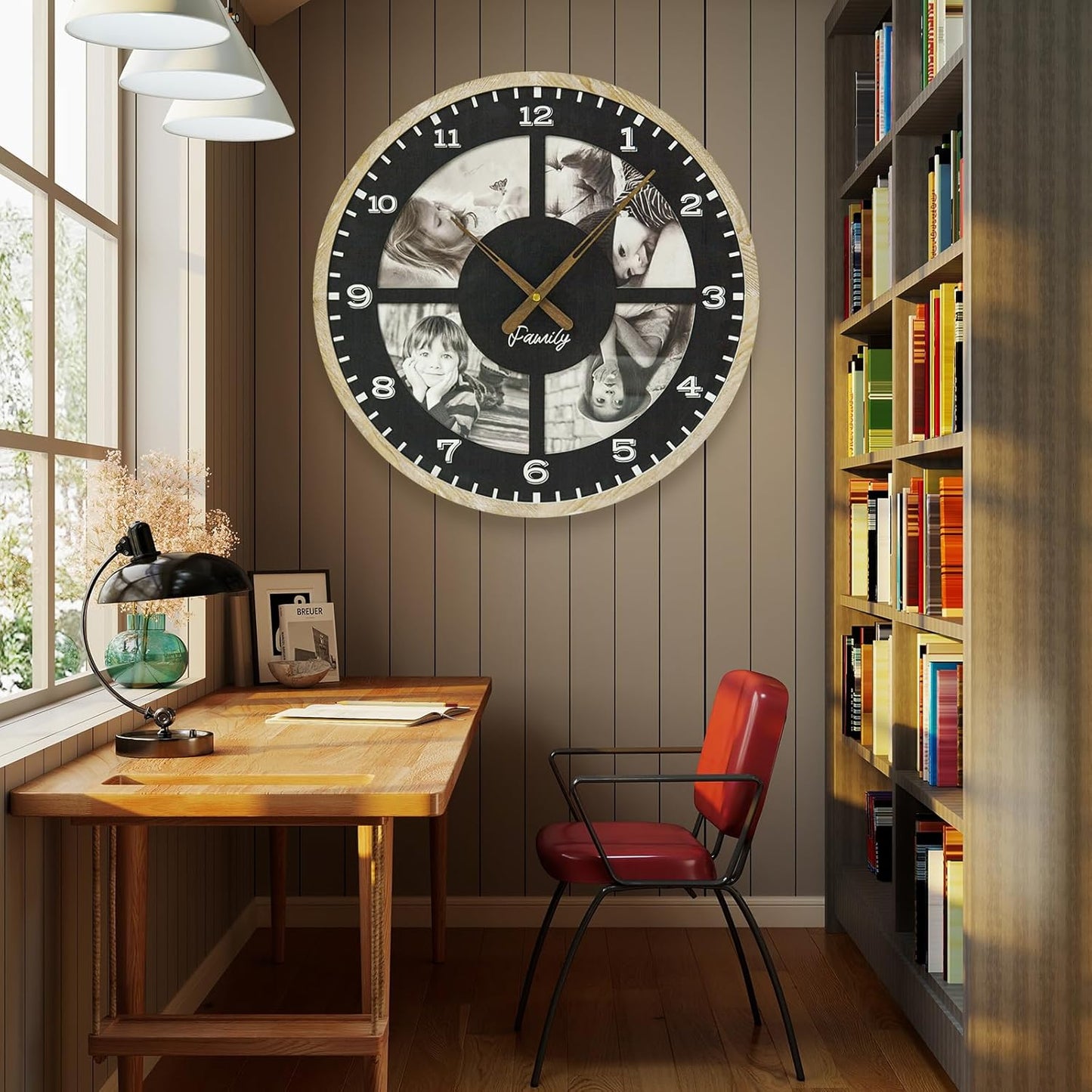 4 Photo Collage Wall Clock-24 Inch Large picture frame clock for Living Room Decor,Modern Big Wall Watch Battery Operated Decorative Clock with Personalized Frames for office ,living room,bedroom