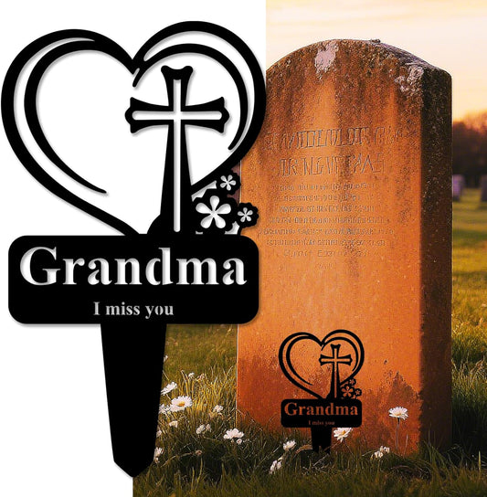 Grandma Memorial Grave Stake, Cemetery Decorations for Grave Markers 12.5 x 7.2 inch Heart Metal Sympathy Stakes Graveside Plaque Decor Sign for Grandma Graves, Yard, Garden - Black-Grandma