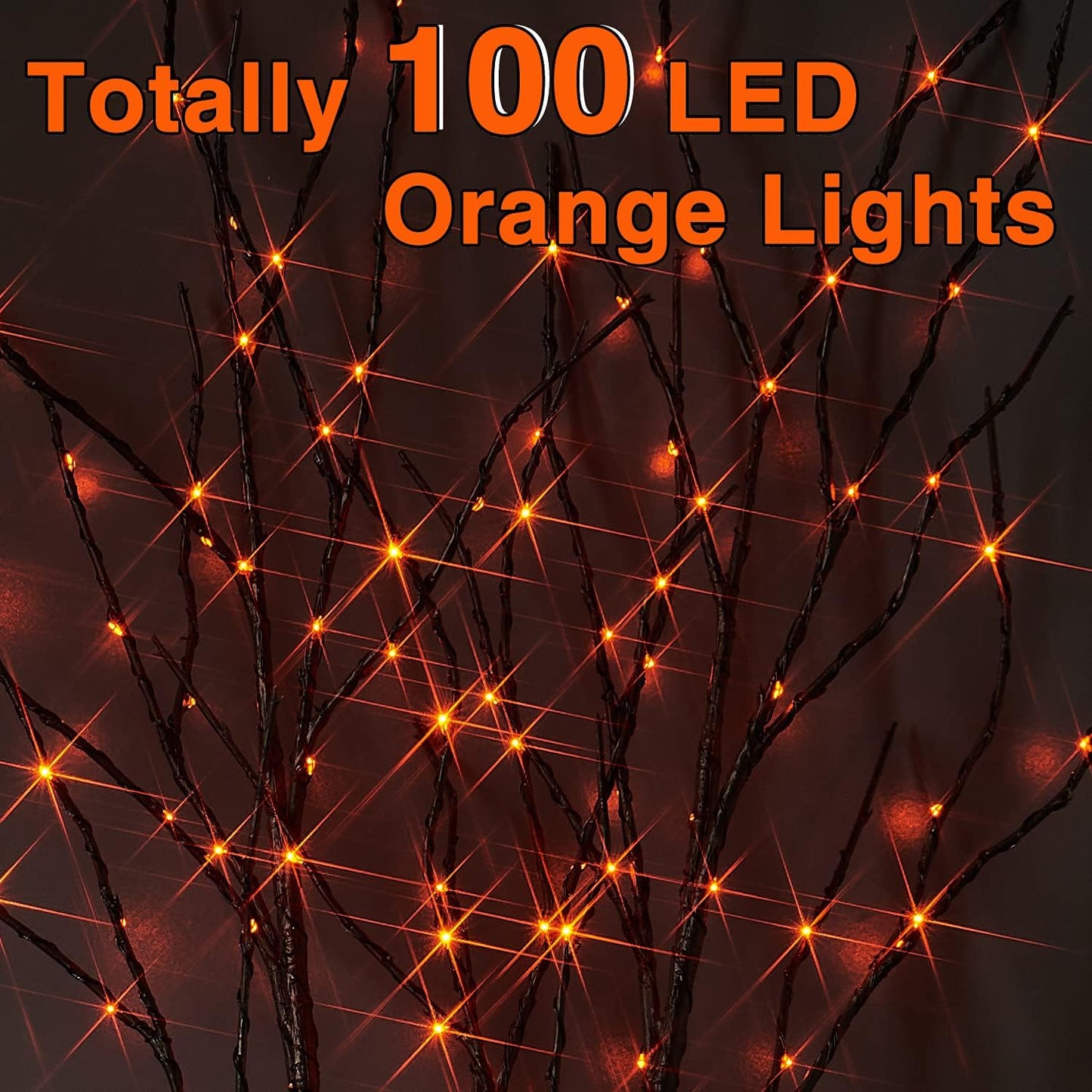 Fudios Halloween Lighted Branches with Timer 100 LED Orange Fairy Lights 32IN, Black Tree Branch Lights Battery Operated for Home Party Mantle Decoration