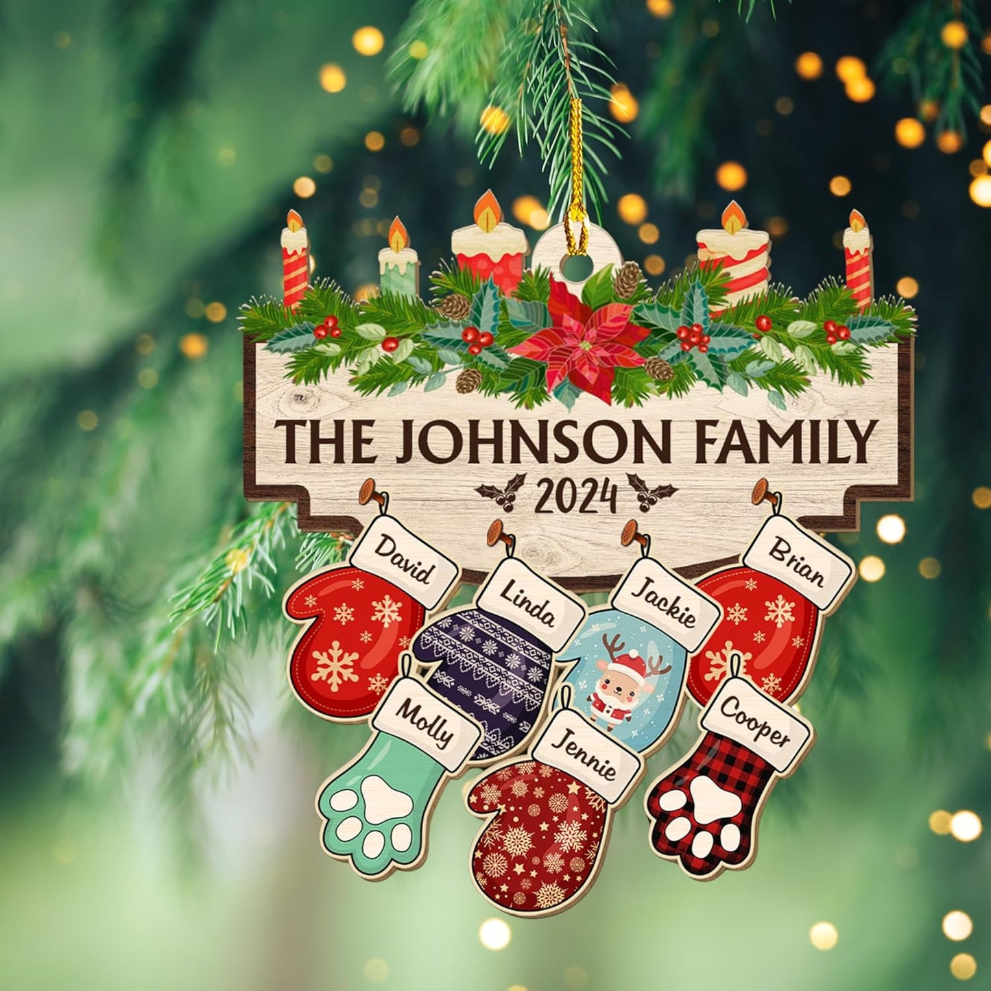 Family with Pet Ver 2 - Personalized Custom Wood Ornament, Family Gloves Christmas Ornament 2024, Xmas Ornament Gifts for Family Tree Decoration (A06, 9 Names)