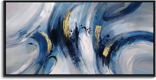 Abstract Line Art Framed Canvas - Blue and Grey Modern Wall Decor, Large 20x40 Inches, Minimalist Bedroom & Living Room Art, Ready to Hang