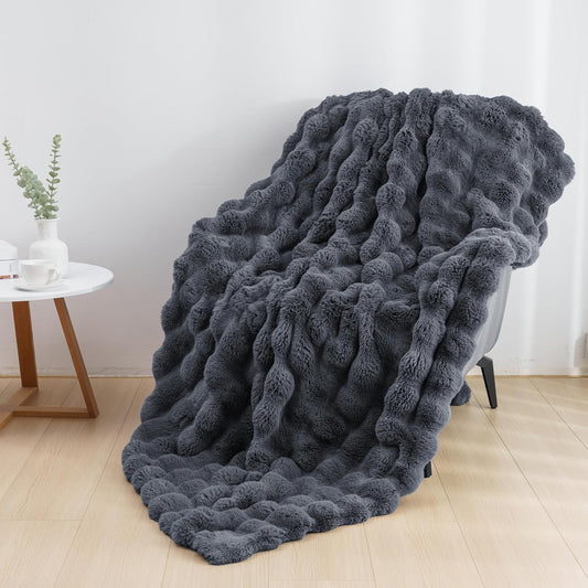 Cozy Faux Fur Throw Blanket for Couch Warm Fuzzy Throw Blanket, Soft Plush Thick Bubble Blankets for Bedroom and Living Room, Furry Luxury Blanket, 50 x 60, Grey