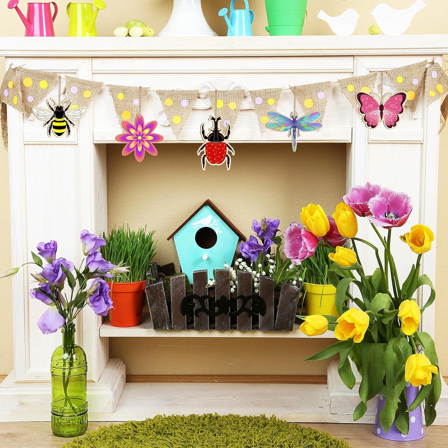 36PCS Wooden Spring Ornaments to Paint, 6 Styles DIY Blank Unfinished Wood Flower Cutouts Butterfly Ornament for Crafts Hanging Decorations, Cute Bee Flower Shape Home Decorations Gifts