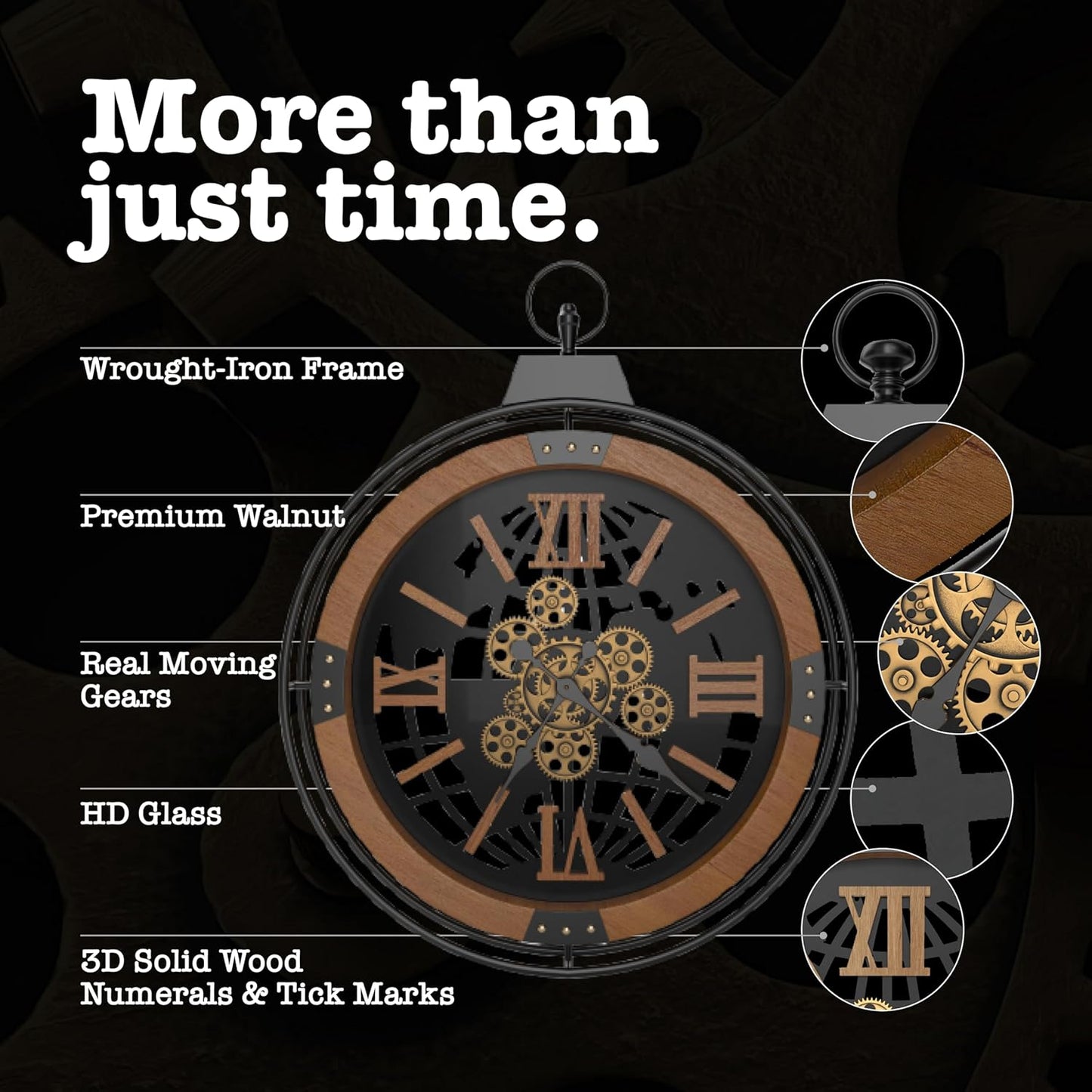 Driini 24 Inch Large Rustic Farmhouse Gear Clock with Moving Gears – Vintage Oversized Wall Clock with Iron Frame – Giant Industrial Steampunk Wall Clock for Living Room Décor (Walnut)