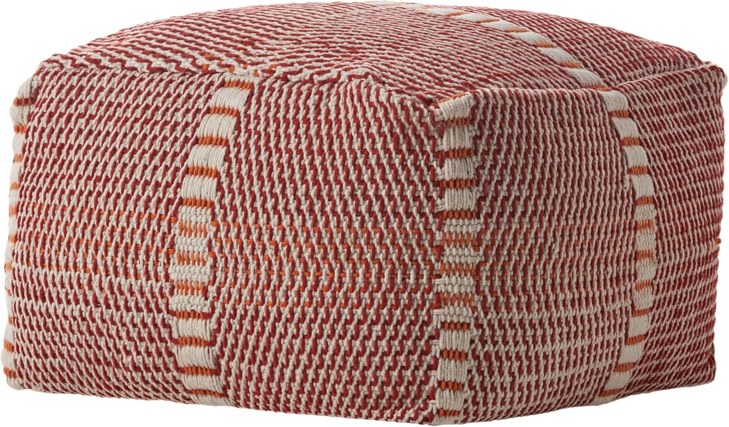 GDF Studio Indoor/Outdoor Boho Handmade Water Resistant Fabric Rectangular Pouf Ottoman Foot Stool - Bean Bag Floor Chair - Foot Rest Couch for Living Room Bedroom, Red and Orange,26" x 26" x 16.5"