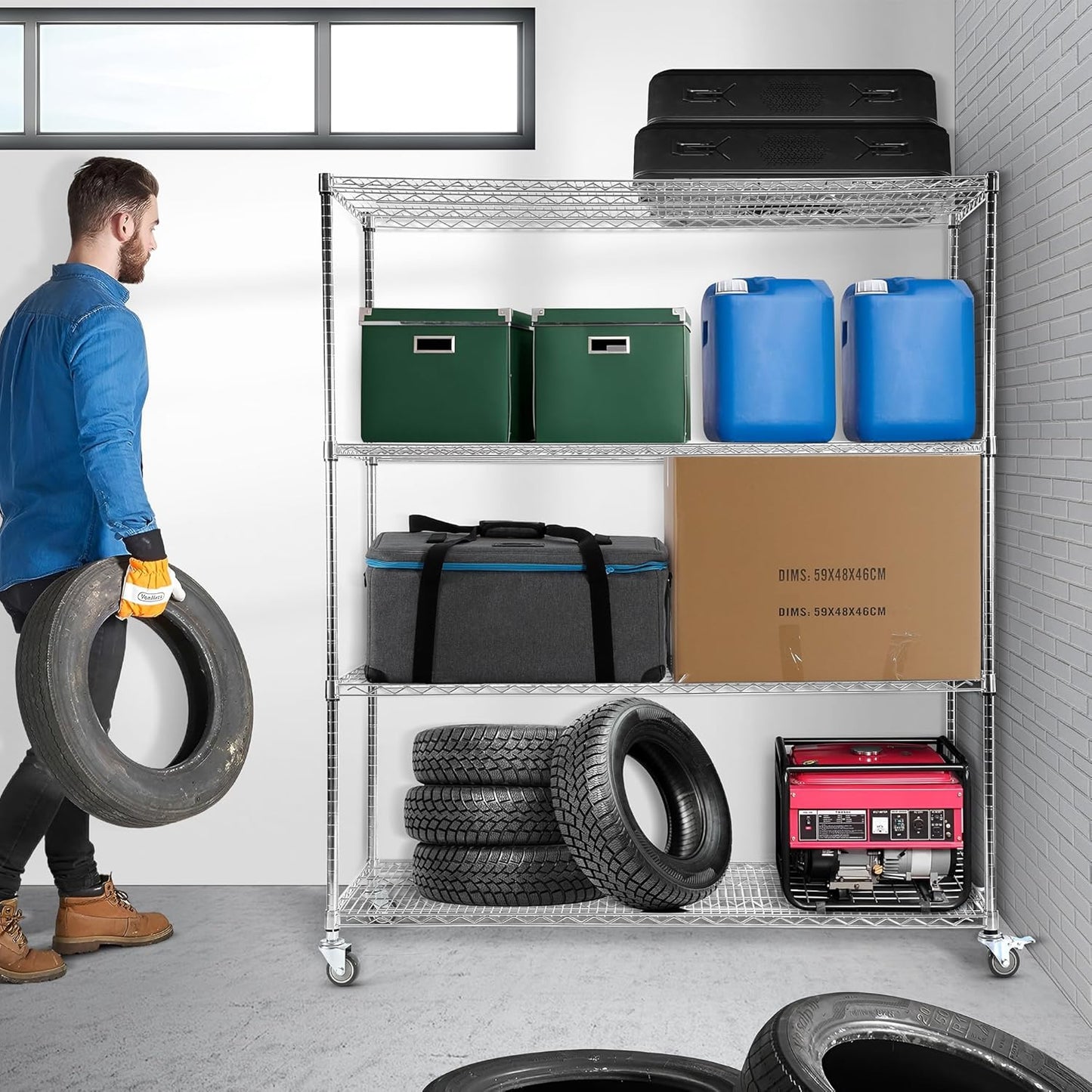 Rengue Wire Shelving with Wheels, 60"x 24"x72" Metal Storage Shelves, 4-Tier Heavy Duty Garage Storage Shelves, Chrome 2400LBS Capacity Wire Shelf Rack for Restaurant, Garage, Pantry, Kitchen