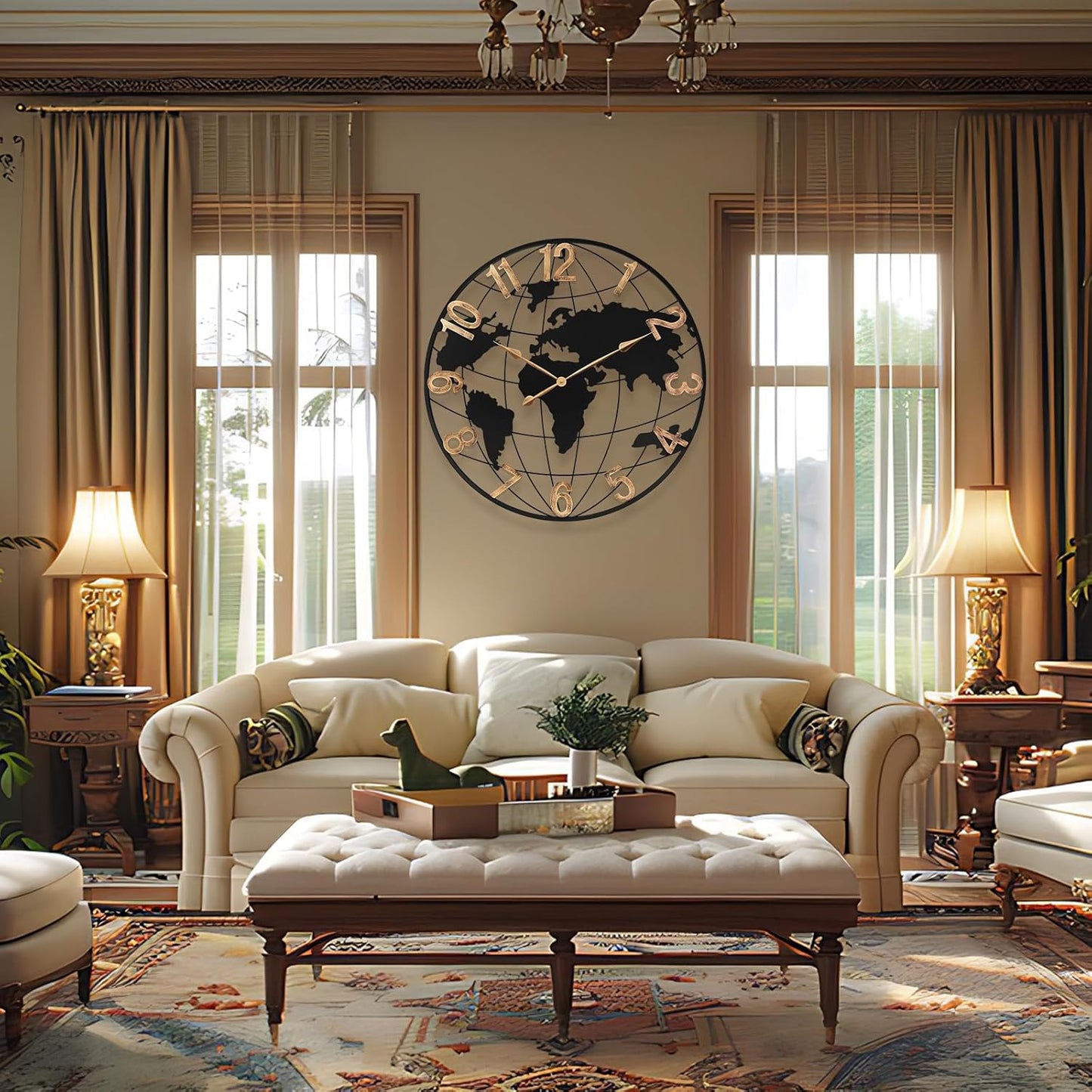 36 Inch Extra Giant Oversized Black Metal Wall Clock,Large Modern Decorative Silent World Map Wall Clock with Vintage Gold Arabic Numeral for Living Room,Entrance Fireplace,Dining Room Decor